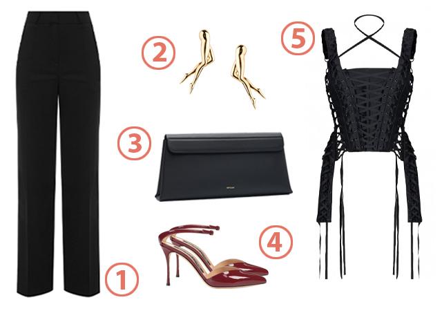 1. Брюки 5 o'COAT, 10 500 руб. 2. Позолоченные клипсы Rod Almayate (posiondrop.ru), 20 510 руб. 3. Клатч Fetiche, 27 500 руб. 4. Туфли Sergio Rossi, цена по запросу. 5. Корсет Fantome, 28 500 руб.